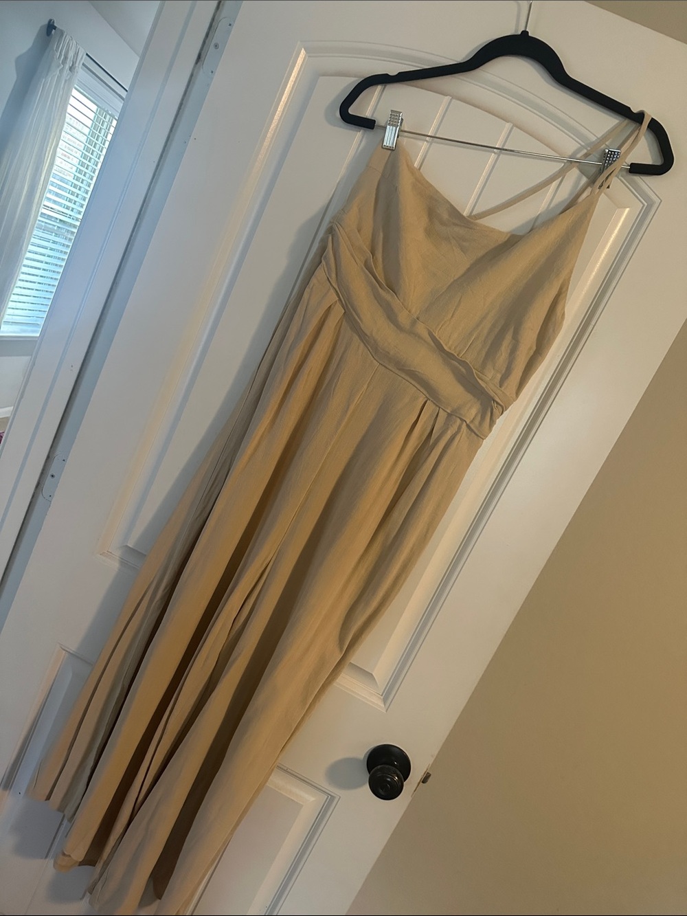 Beige Spaghetti-Strap Jumpsuit with Gathered Waist